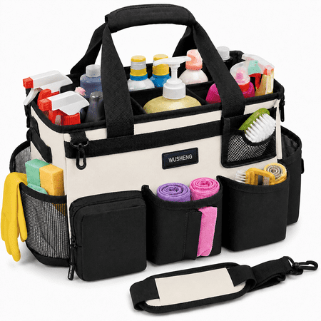 Wearable Cleaning Caddy Organizer with Handle & Shoulder Straps for Housekeepers Under Sink & Car Cleaning Tool Organizer Bag with 4 Foldable Dividers