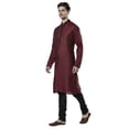 thumbnail image 2 of Ethnix Men's Embroidered Banded Collar Pure Linen Indian Kurta Tunic Pajama Set; Maroon; XL, 2 of 6