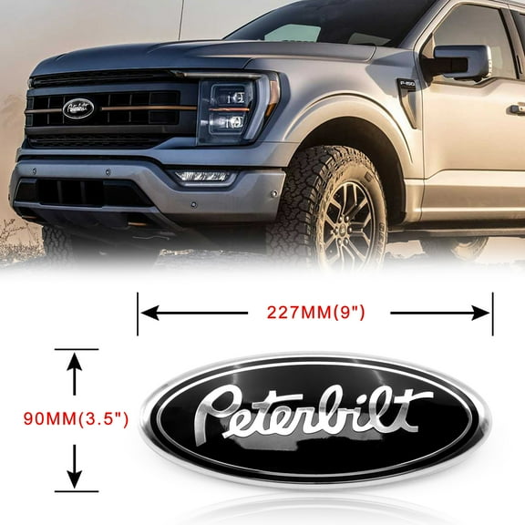 1PC Word Peterbilt Oval 9" ABS Aluminum Emblem for F150 Car Truck Front Grille Grill Hood Trunk Emblem Badge 4L34-15402A-CA Black Silver 227x90mm