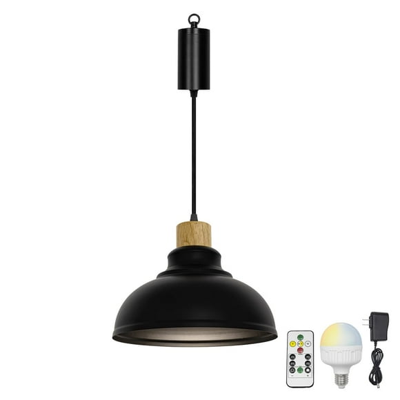 FSLiving Pendant Light with Rechargeable Battery Operated LED Bulb RGB Mode Dimmable Timing Lamp Adjustable Wire Length Hanging Light Vintage Black Metal Shade E26 Wooden Base for Depot - 1 Light