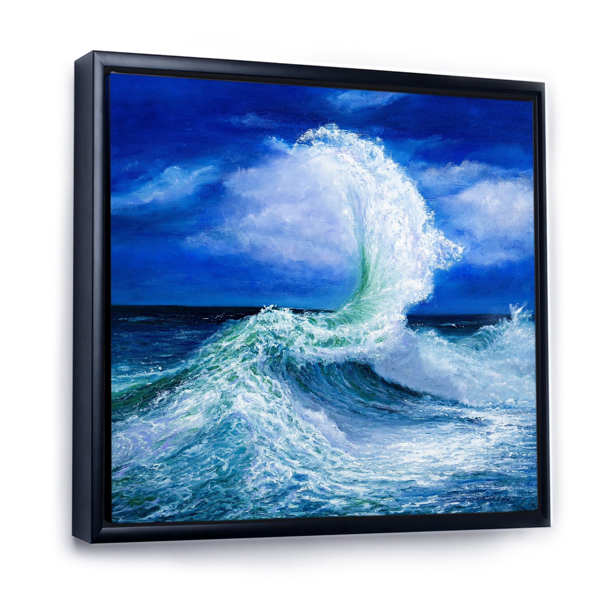 Designart 'Waves Breaking During Wild Blue Ocean Tide' Nautical & Coastal Framed Canvas Wall Art Print