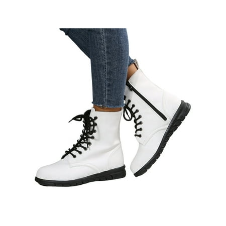 

SIMANLAN Ladies Ankle Boots Casual Booties Side Zip Combat Boot Womens Faux Leather Shoes Women Lace Up White 9