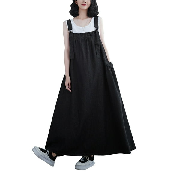 Women Summer Vintage Loose Denim Overall Dress - Adjustable Shoulder Straps Side Pockets Square Collar Solid Color Sleeveless Casual and Comfortable Ankle-Length Pinafore Dress - Suitable fo