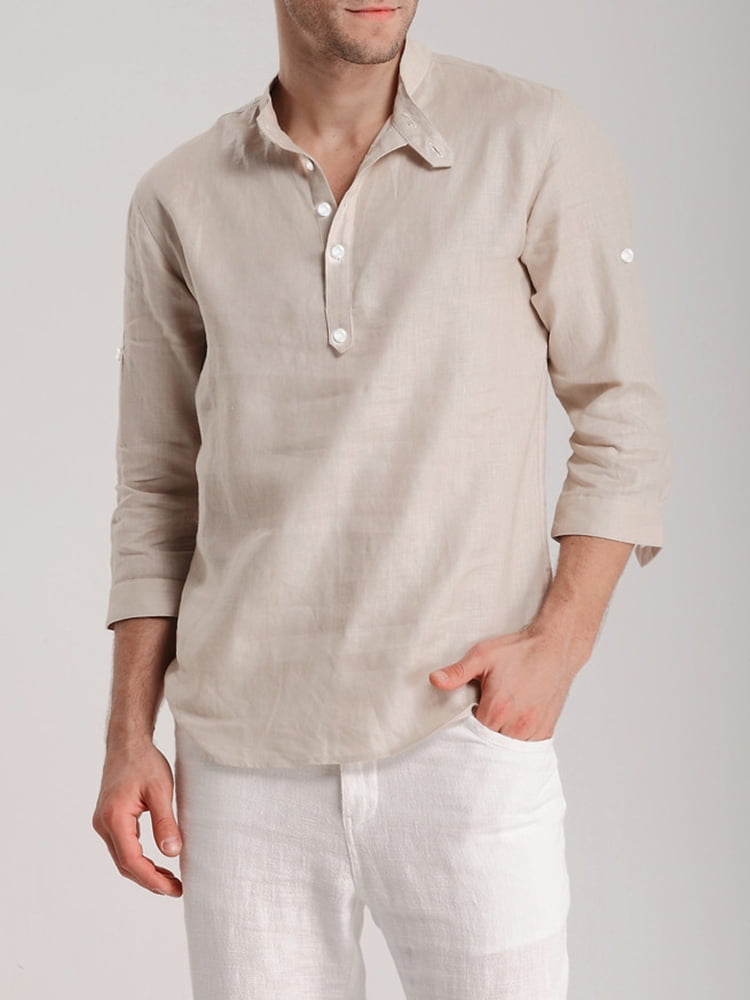 Mens Linen Beach Shirts 3/4 Sleeve Casual Cotton Summer Button Up Lightweight Pullover Solid T-Shirt Tops Blouse SIN+MON 