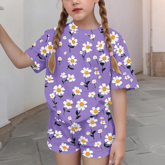Cethrio Girls Summer Outfit Sets, 2 PC Casual Printed Short Sleeve Kids' Clothing Sets Multicolor Size 9-10T
