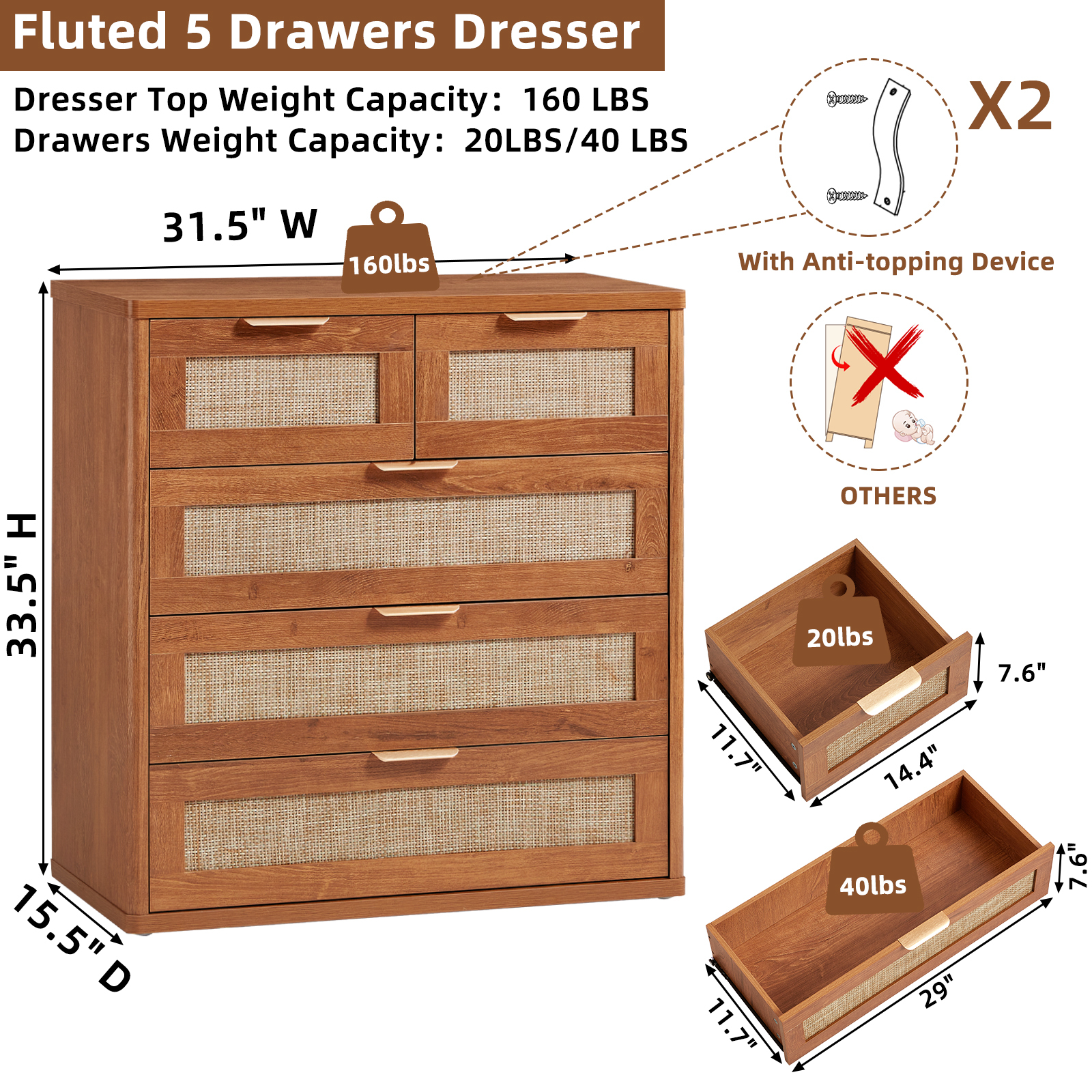 2 Pcs Rattan Drawer Dresser for Bedroom, Tea Brown Wooden Chest of Drawers, Modern 5 Drawer Chest Storage Dresser for Closet, Living Room, Hallway