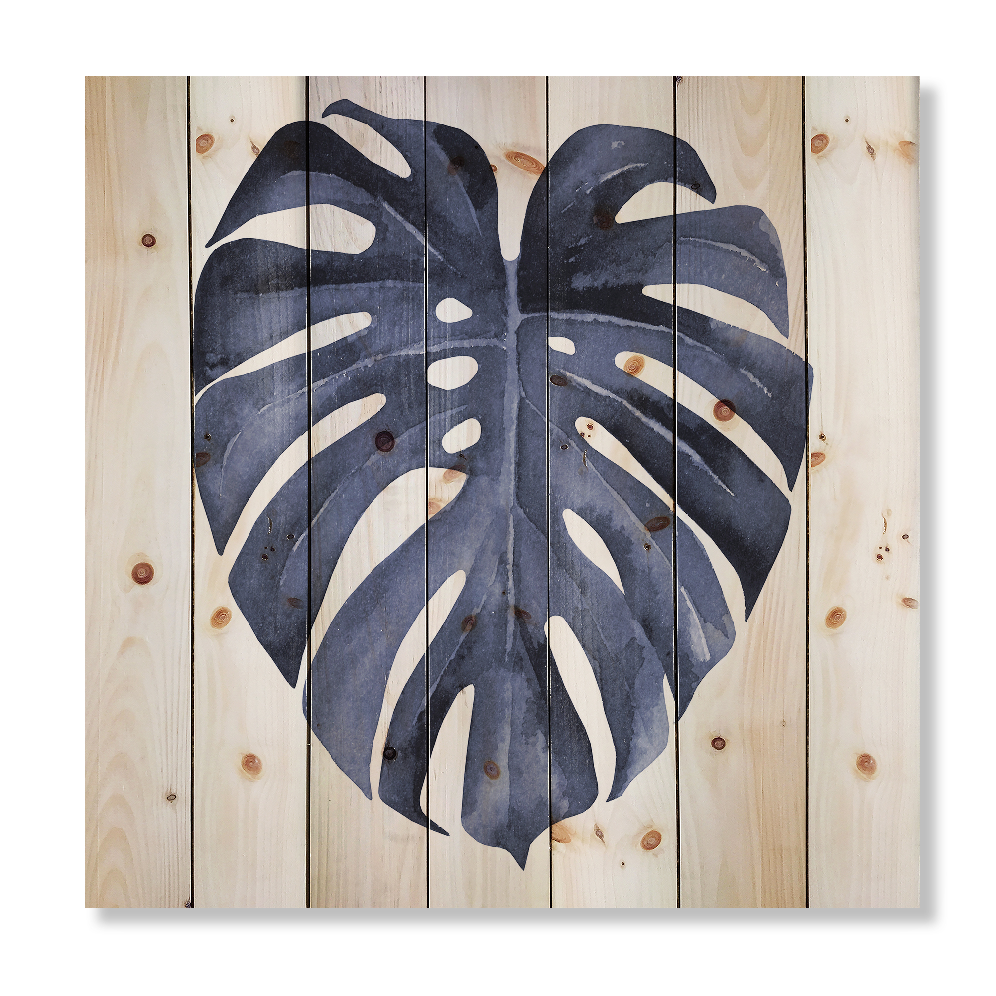 Designart 'Blue Watercolour Tropical Leaves III' Traditional Print on Natural Pine Wood