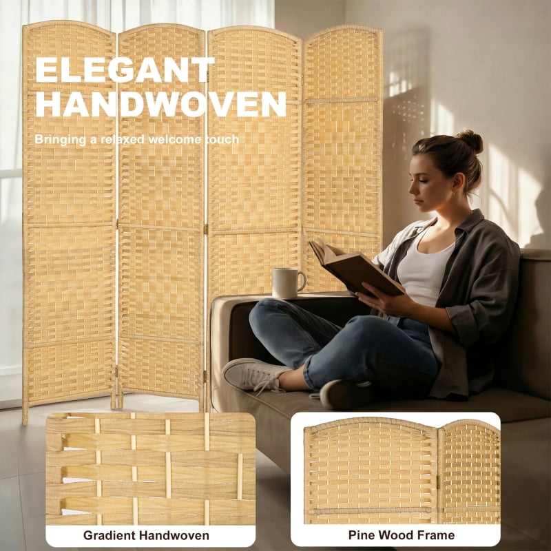 Alvantor 4-Panel Folding Privacy Screen, Freestanding Room Divider with PP Woven Panels 70.9"x70.9"x0.7" Nature