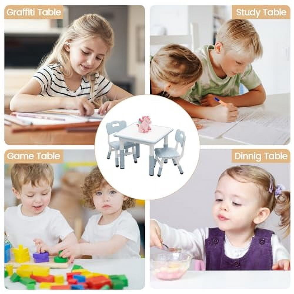 Roromall Kids Table and Chairs Set, Height Adjustable Table with Graffiti Desktop & Chairs Set, 4 in 1 Activity Table Play Table for Reading, Drawing, Playing, Eating