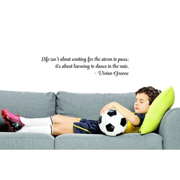Custom Decals Life Isn't About Waiting For The Storm To Pass It's About Learning To Dance In The Rain Vivian Greene Wall Art 12x30” Color: Black
