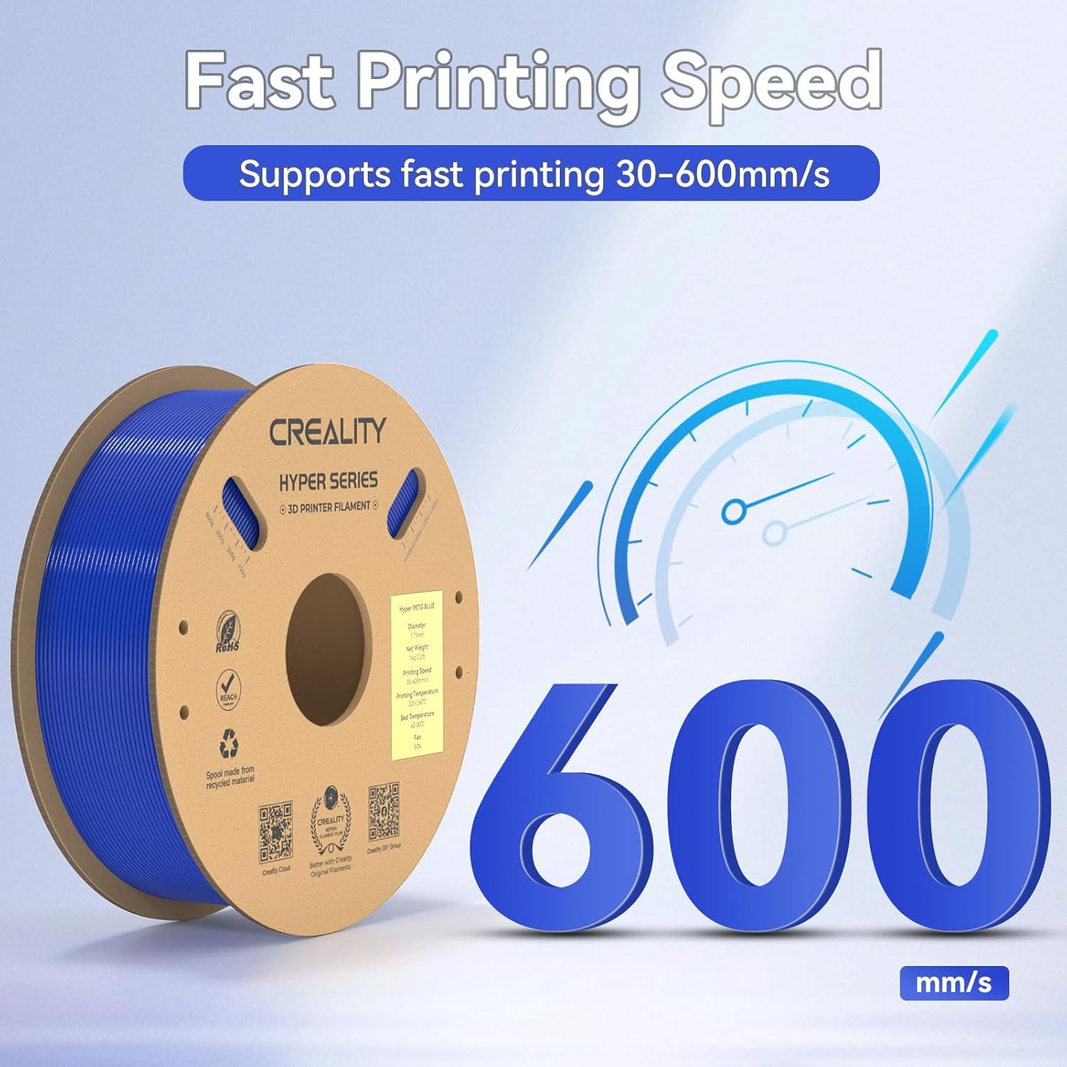 Official Hyper PETG Filament, High Speed 600mm/s 3D Printer Filament PETG, 1kg(2.2lbs)/Spool 1.75mm, Dimensional Accuracy ± 0.05 mm (Blue)