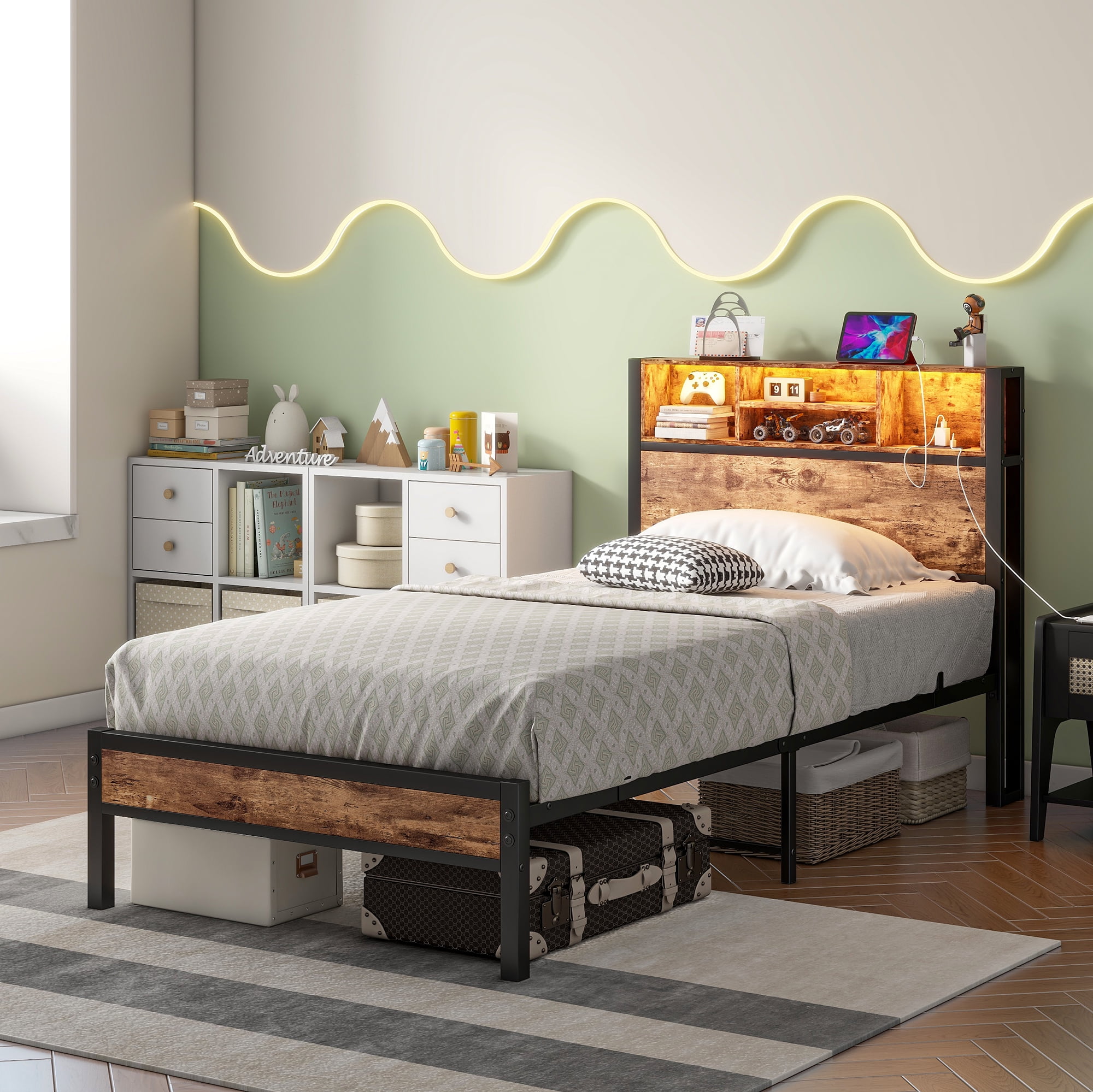Yoneston Twin Size Bed Frame with Storage Headboard, Metal Platform Bed with LED Lights & Charging Station, No Box Spring Needed, Easy Assembly, Brown