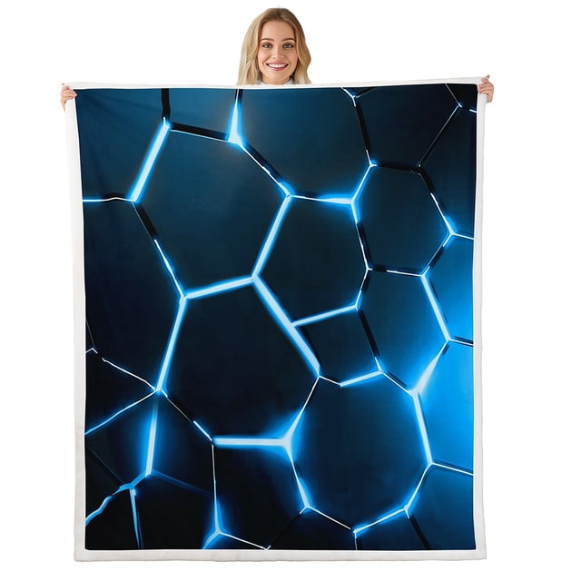 Erosebridal Honeycomb Fleece Blanket, Neon Geometric Sherpa Throw, Blue