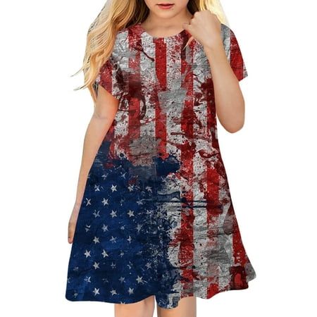 

HIBRO Independence Day For Children Toddler 4th Of July 3D Graphic Printed Girls Short Sleeve Kids Casual Soft Party Princess Dress Flower Baby Girl Sequin Dress Little Girls Vintage Dress
