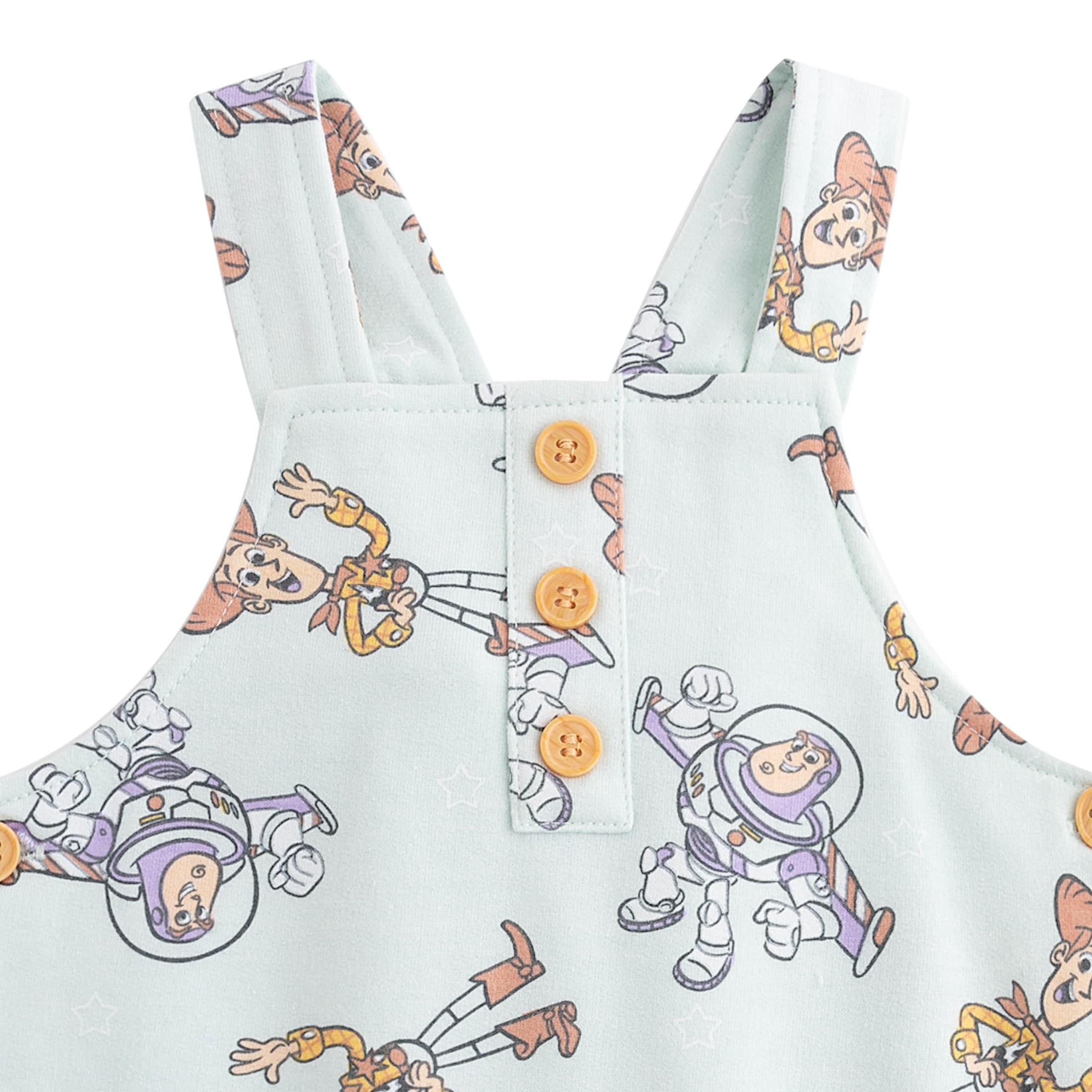 Disney Toy Story Shortall French Terry Overalls Bodysuit and Bucket Hat (Baby Boys), 3 Piece Set, Sizes 3M-18M