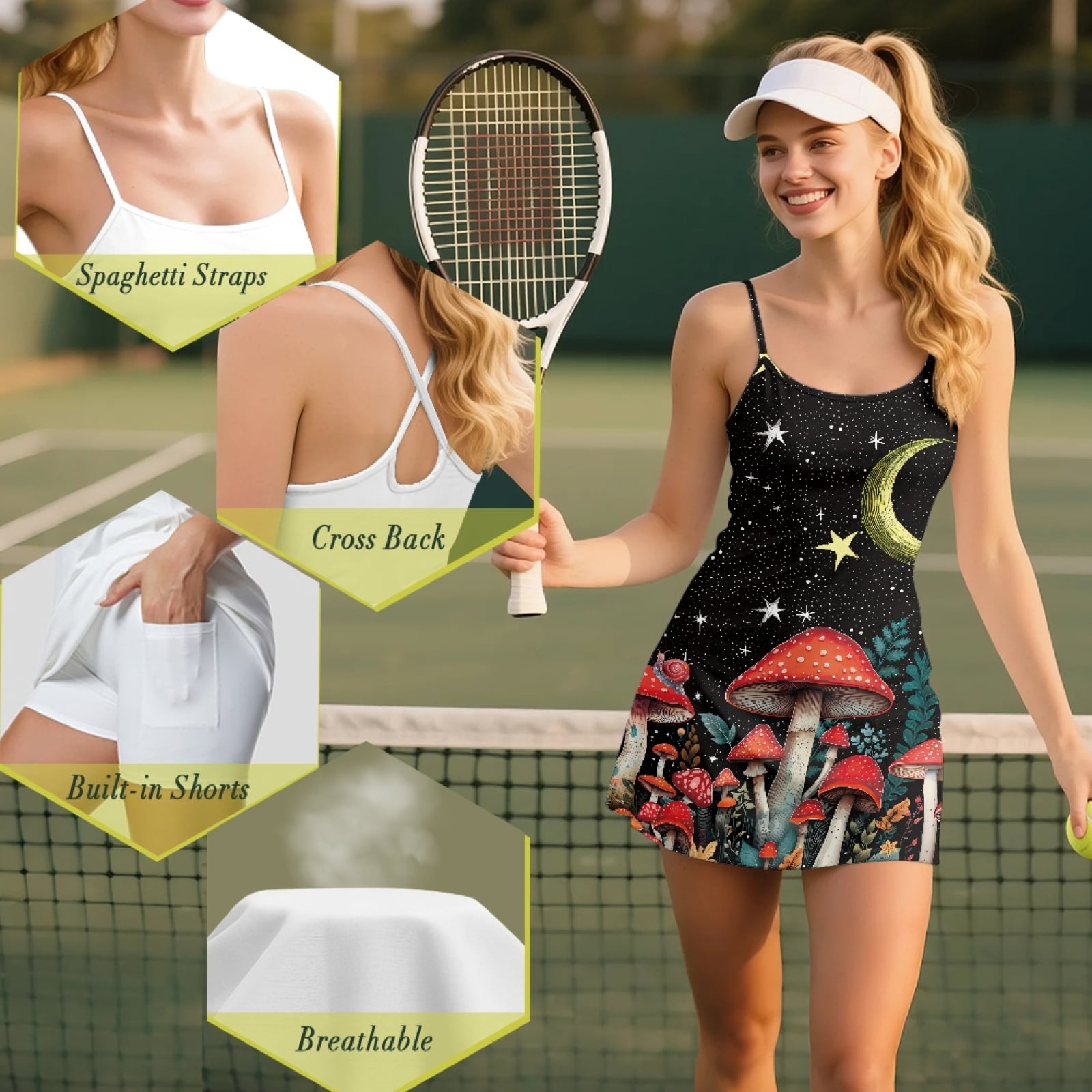 Yuyamidu Aesthetic Mushroom Tennis Dress for Women Size XL, Starry Sky Tennis Golf Dresses with Built in Shorts Fashion Sleeveless Workout Athletic Dresses