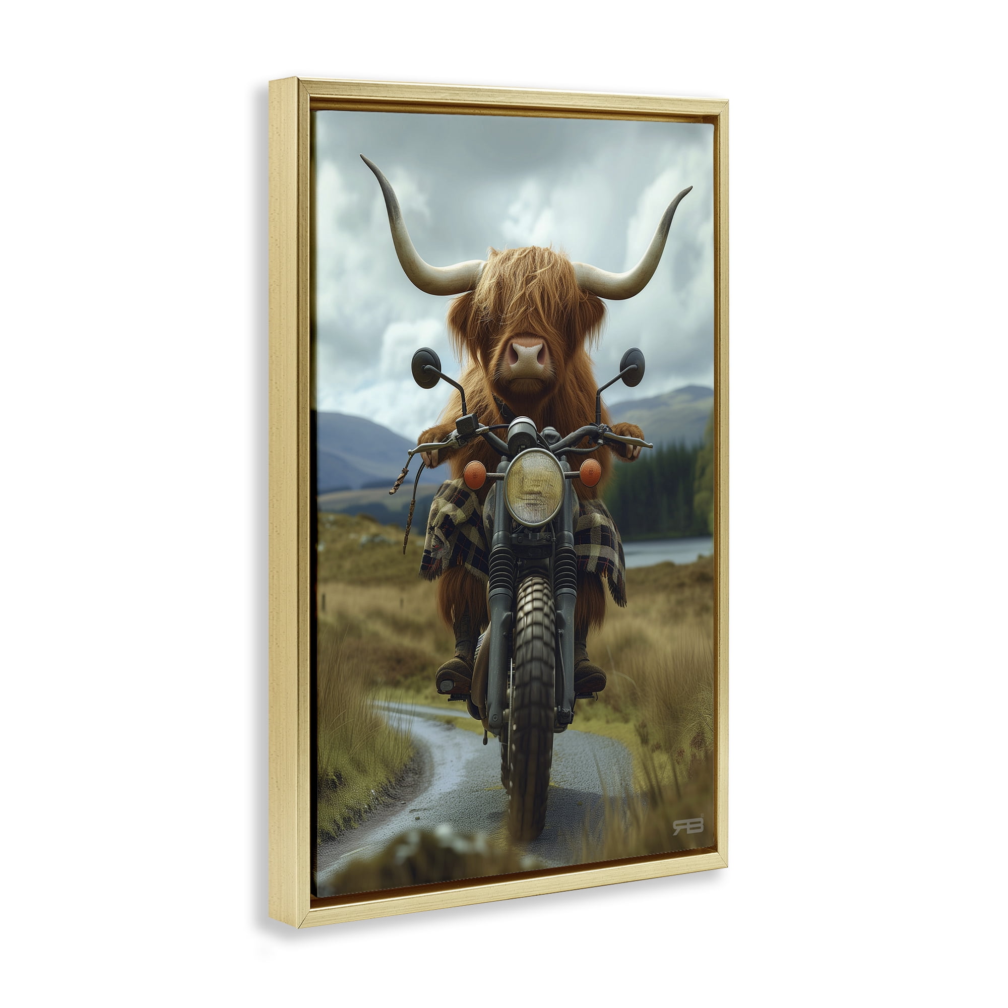 Stupell Industries Motorbike Rural Cattle Animals & Insects Painting Gold Floater Framed Art Print Wall Art, 17 x 25