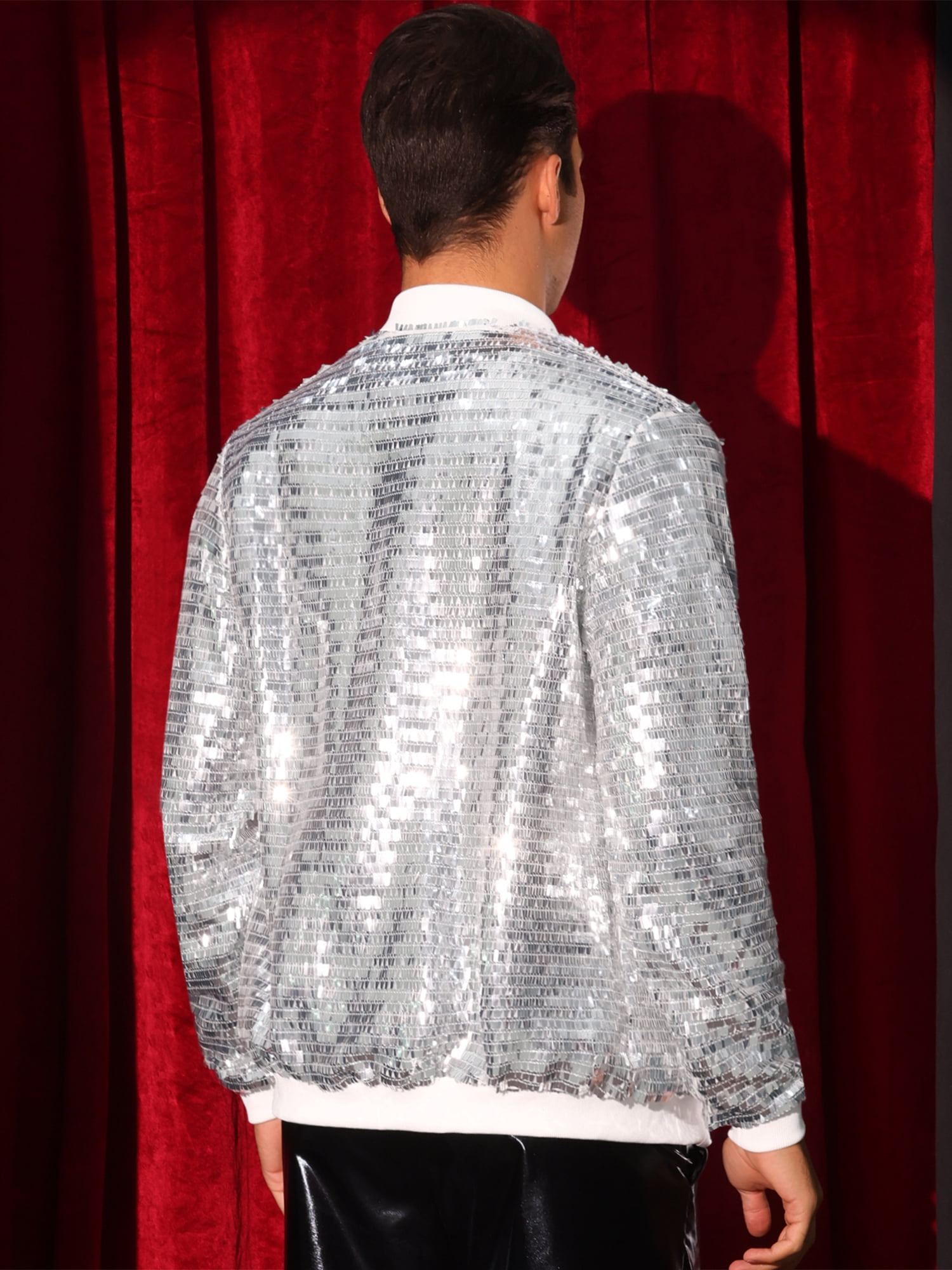 DARING DIVA Men's Sequin Varsity Zipper Disco Sparkly Shiny Bomber Jacket M Silver