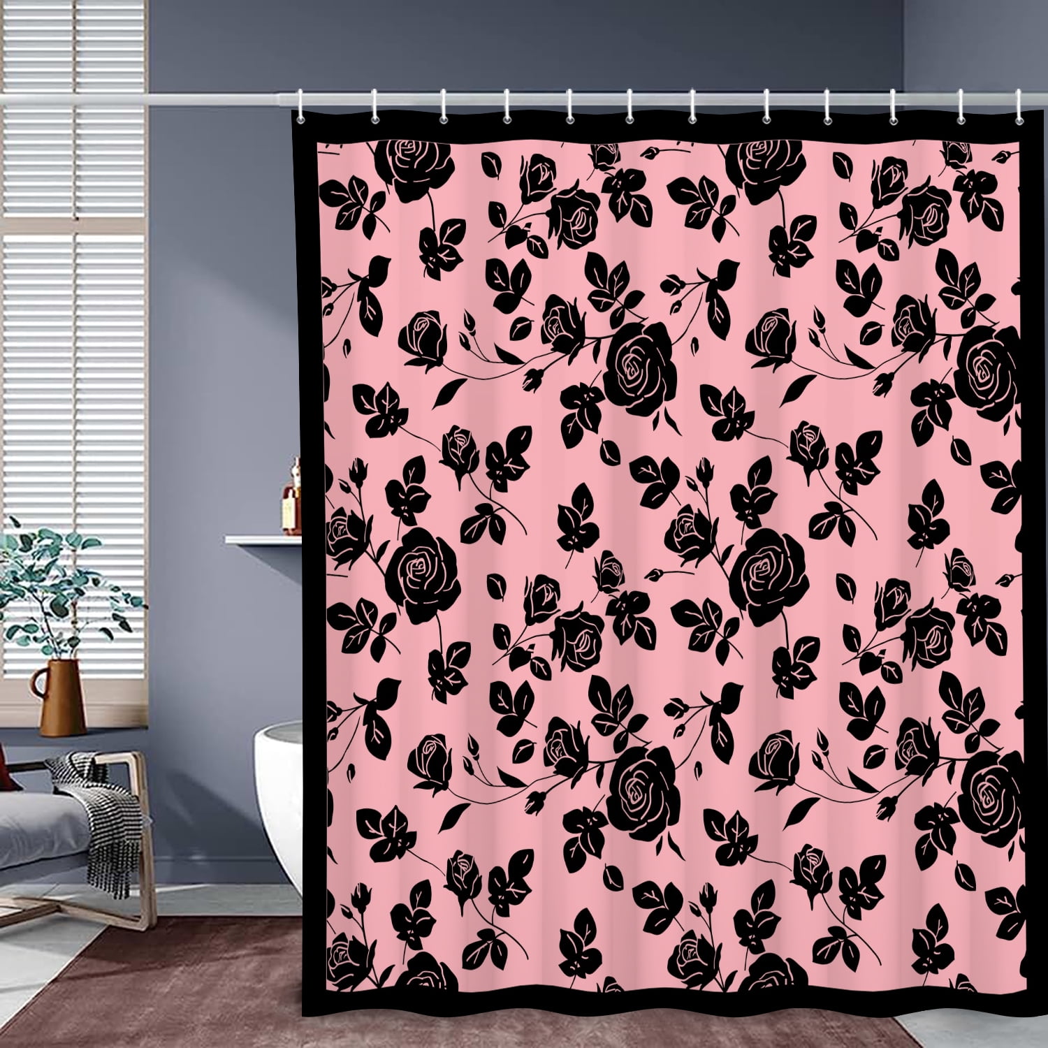 MIZHONA Black and Pink Floral Shower Curtain Vintage Rose Print Waterproof Fabric Bathroom Curtain 72x78 in