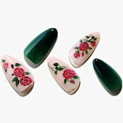 GLAMERMAID Press on Nails Almond,Green Gel False Nails with Flower Design,24 PCS Glue on Nails,Reusable Acrylic Stick on Nails Tips Manicure Set for Women,Retro Rose