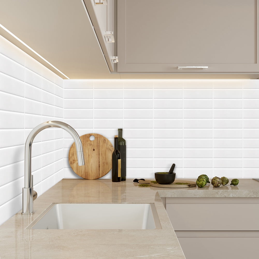Clever Mosaics Self Adhesive Vinyl Tile Premium White Finger Tile Backsplash for Kitchen Bathroom (10 tiles)