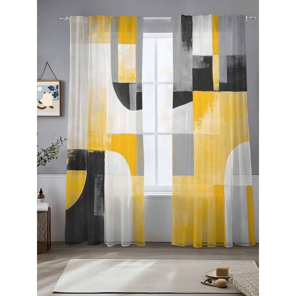 Abstract Stitching Sheer Curtains 84 Inches Long 2 Panels Black Gary Yellow Stripe Light Filtering Semi Sheer Window Curtains Drapes for Bedroom Living Room 52"x84"