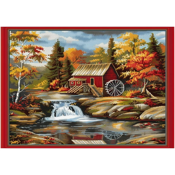 Red Mill House Water Wheel Autumn Trees DIY 11CT Stamped Cross Stitch Kits for Beginners Easy Needlepoint Embroidery Counted Cross Stitch Art Craft for Wall Decoration 12x16inch(3)
