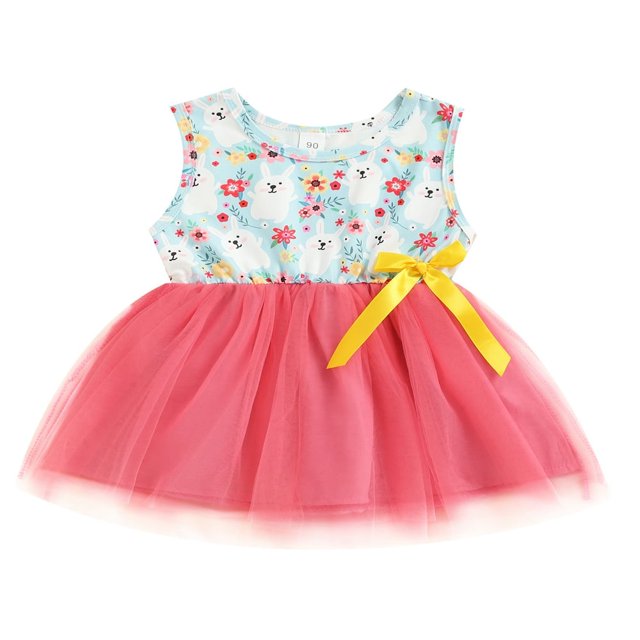 Kid Girls Easter Dress Sleeveless Bunny Floral Mesh Tulle Patchwork Dresses