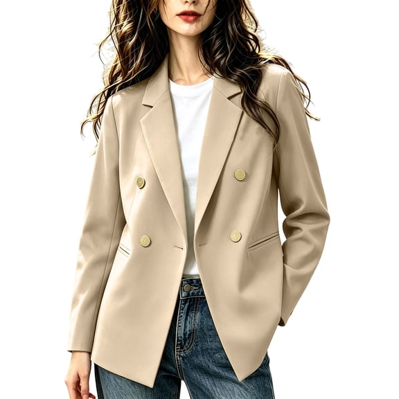 Zynoxe Blazer Jacket for Women Trendy Lapel Double Breasted Open Front Suit Jacket Fall Loose Versatile Business Casual Office Plus Size Jackets with Pockets Silver S