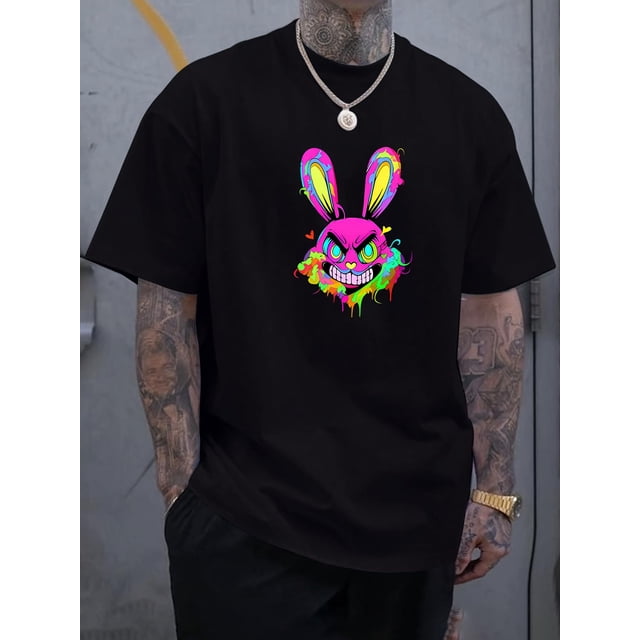 Men's Short Sleeve Summer T-Shirt - Trendy Skull Rabbit Print for Big & Tall Guys, Outdoor Sports Leisurewear Tee For Adult, Men, Women, Teen, Teenager, Adolescent,Youth