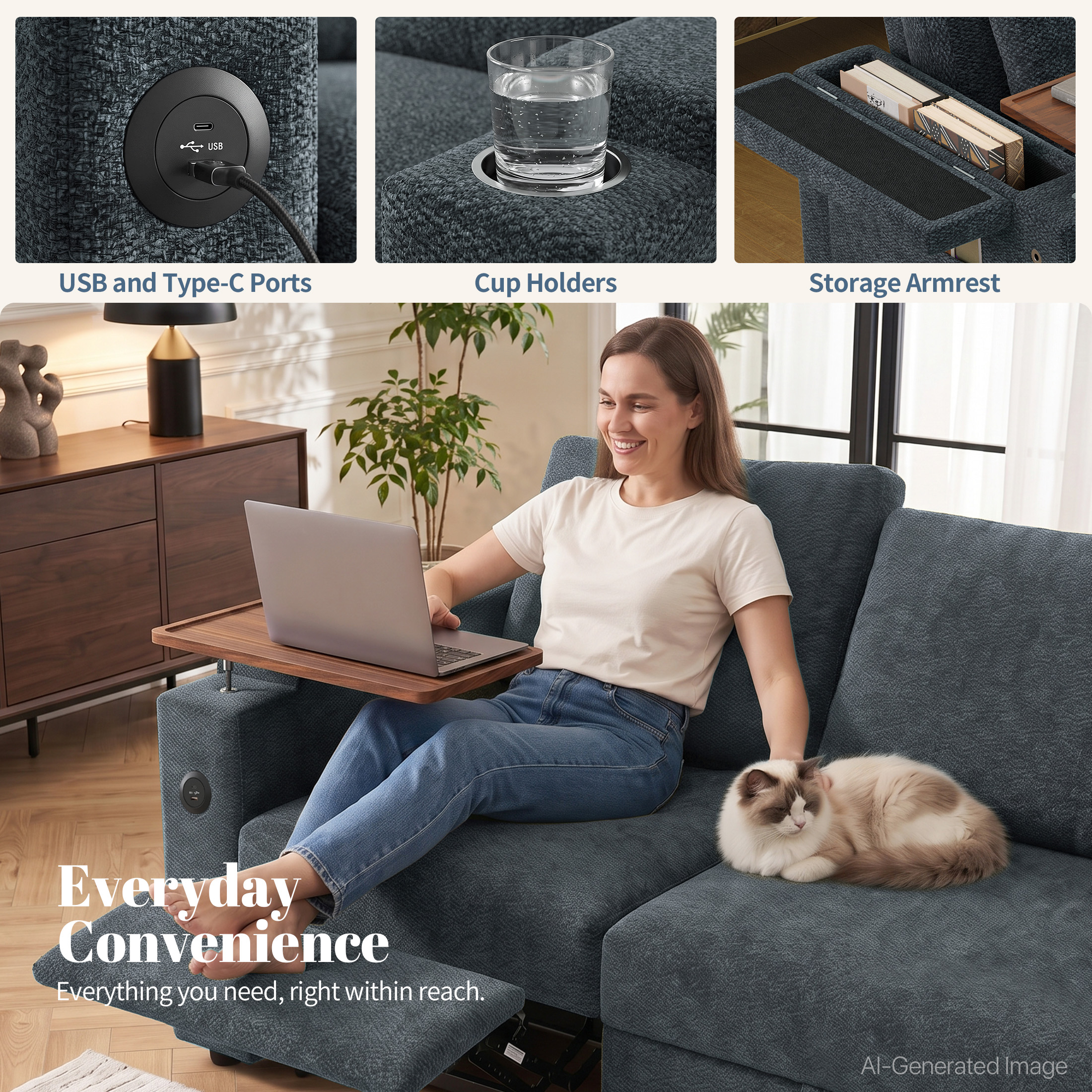 Aenkyo 81" 3-in-1 Convertible Sleeper Sofa with Pull Out Bed and Recliner, Adjustable Backrest, Blue