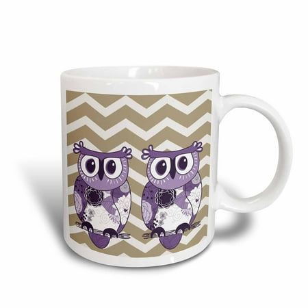 7 Ounce White Pack - 3dRose Two Purple Owls with beige and white chevron, Ceramic Mug, 15-ounce