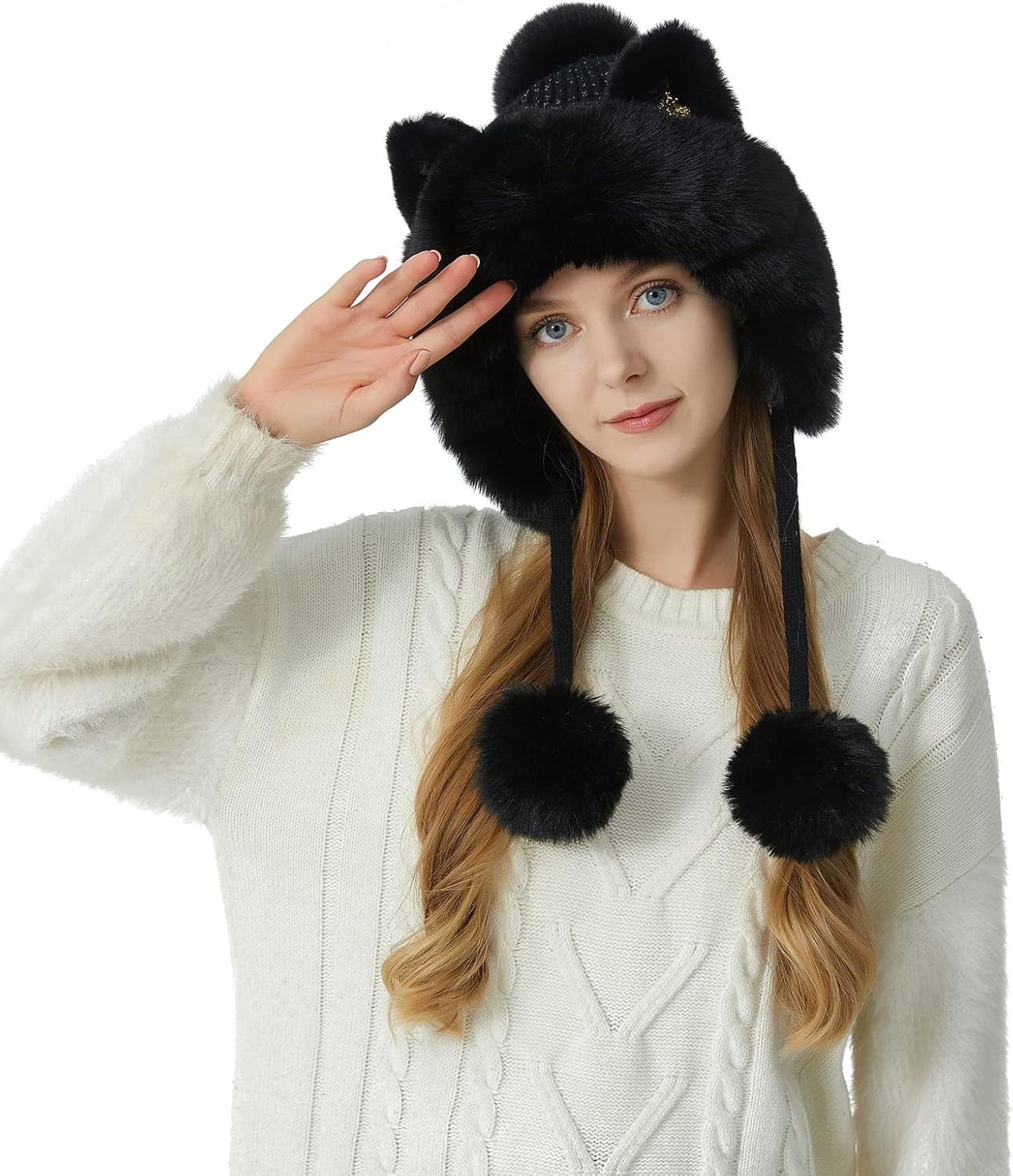 Women Winter Cover Ears Beanie Hat Ear Flaps Ski Snow Hats Knit Fleece Lined 3 Pom Pom