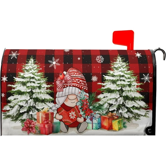 Merry Christmas Gnomes Mailbox Covers Magnetic Standard Size 25.5" X 21",Xmas Gift Winter Tree Red Buffalo Plaid Check Snowflake Mailbox Wraps Post Letter Box Cover for Holiday Garden Yard Decor