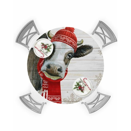 

Round Tablecloth with Elastic Farm Christmas Cow with Hat Waterproof Stain-proof Table Cover Wipeable Fitted Table Cloths for 55 -60 Round Tables Dining Kitchen Indoor Outdoor Use