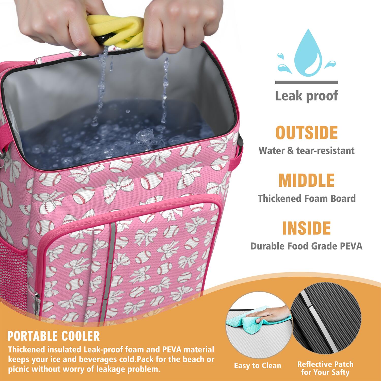Travel Cooler Bag - Pink Bows and Baseballs Pattern Camping Beer Cooler Backpack with Bottle Opener- Waterproof Insulated Picnic Backpacks - Cooler Bag for Beach