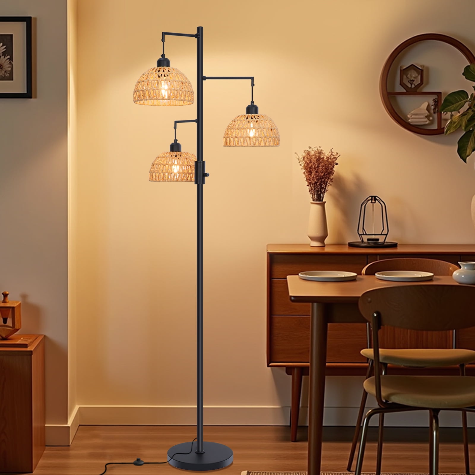 SERBASIC Tree Floor Lamp with 3 LED Bulbs, Boho Rattan Floor Lamp for Living Room and Bedroom, 72" Tall Standing Lamp with Stable Heavy Base, Industrial Farmhouse Decor