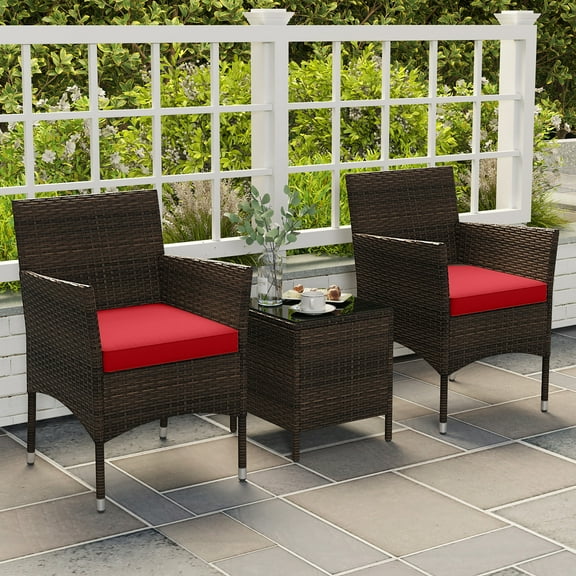 Gymax 3 PCS Outdoor Conversation Set w/ Cushioned Seat & Tempered Glass Tabletop Red