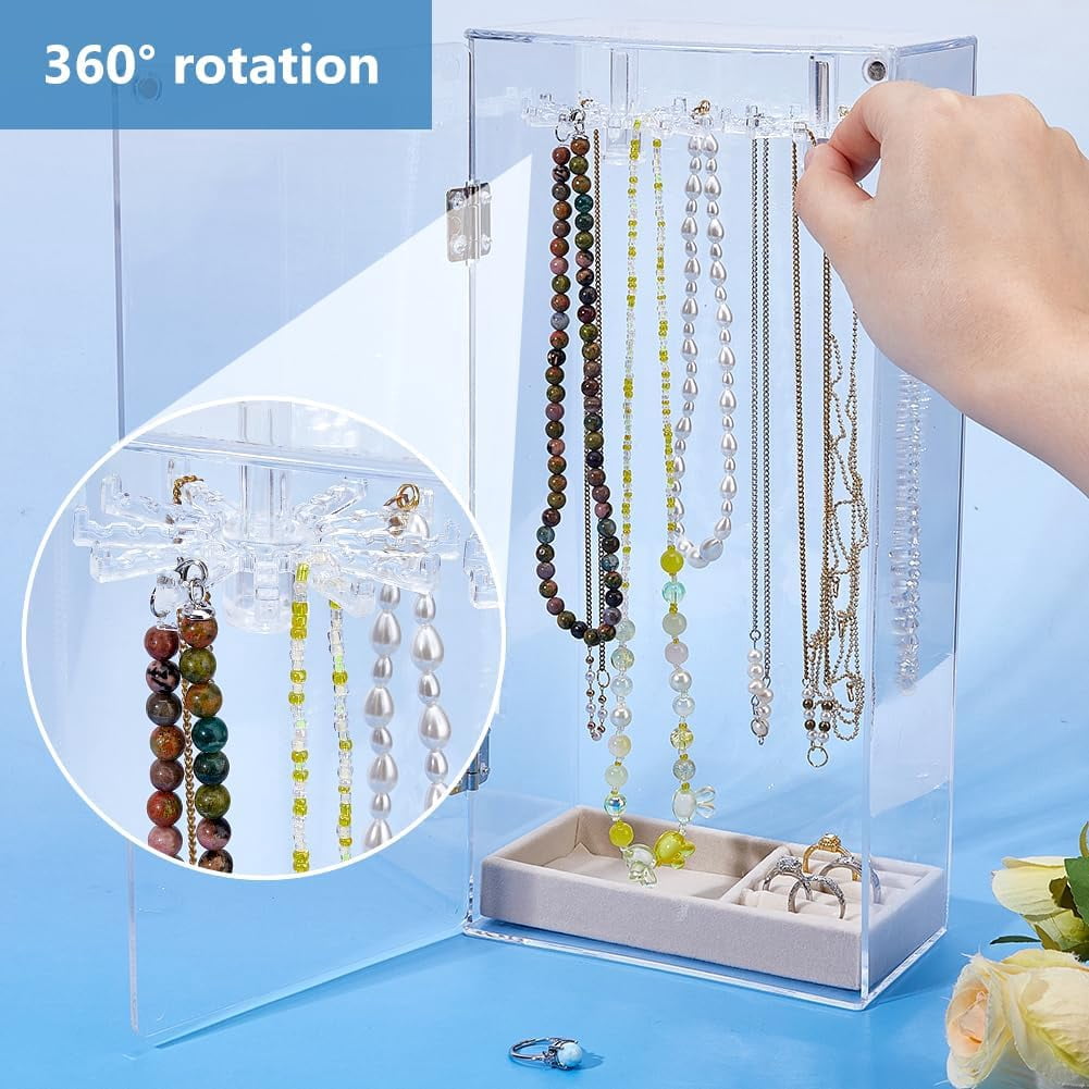 Rotatable Necklace Holder Organizer Acrylic Jewelry Organizer with 24 Hooks Clear Dust-proof Jewelry Storage Case with Velvet Tray for Long Necklaces Pendant Bracelets