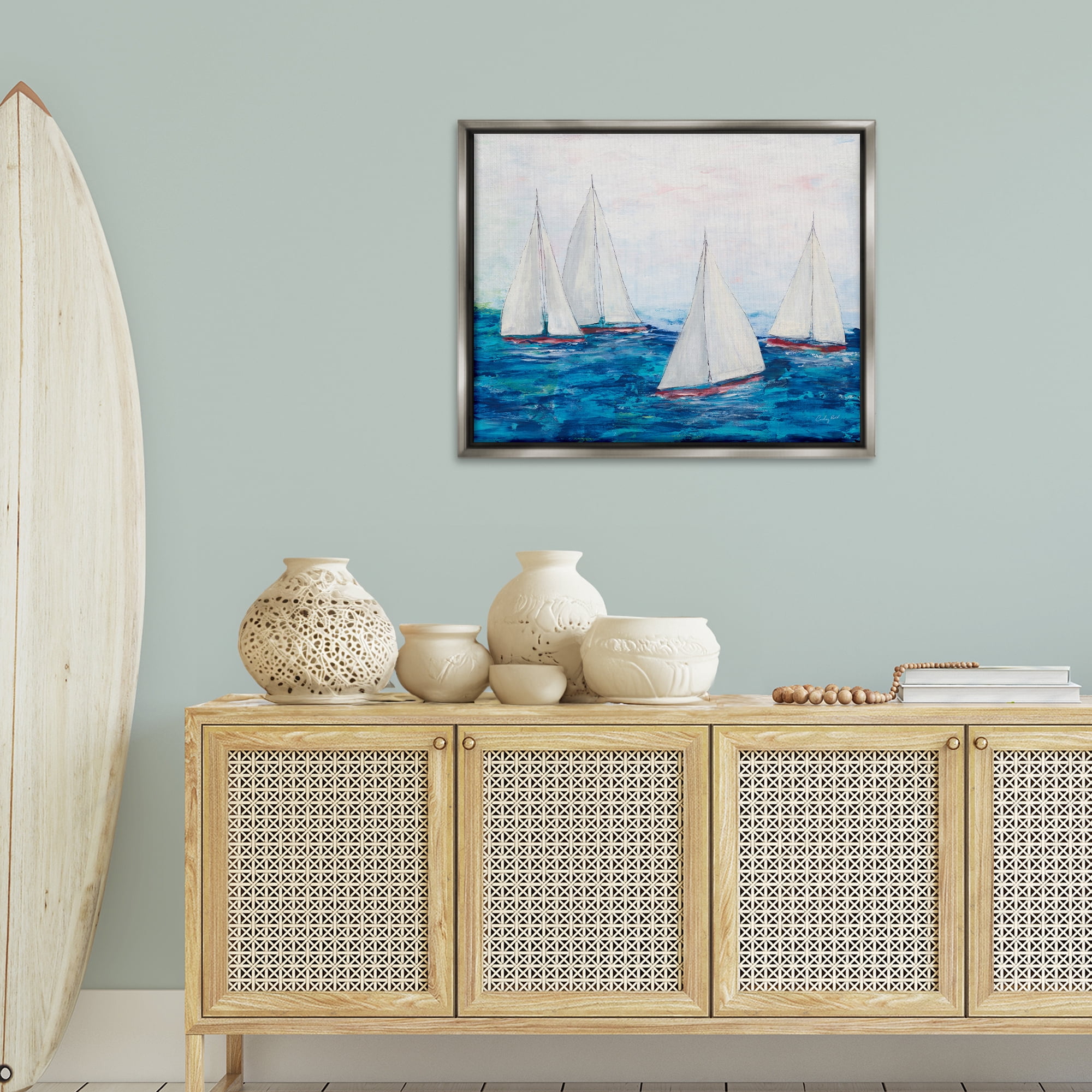 Stupell Industries Sailboat Fleet on Ocean Coastal Painting Gray Floater Framed Canvas Art Print Wall Art, 31 x 25
