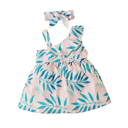 

Kucnuzki Infant Baby Girl Clothes 18 Months Summer Dress 24 Months Suspender Floral Leaf Prints Overall Sleeveless Dress Headband 2PCS Set Pink