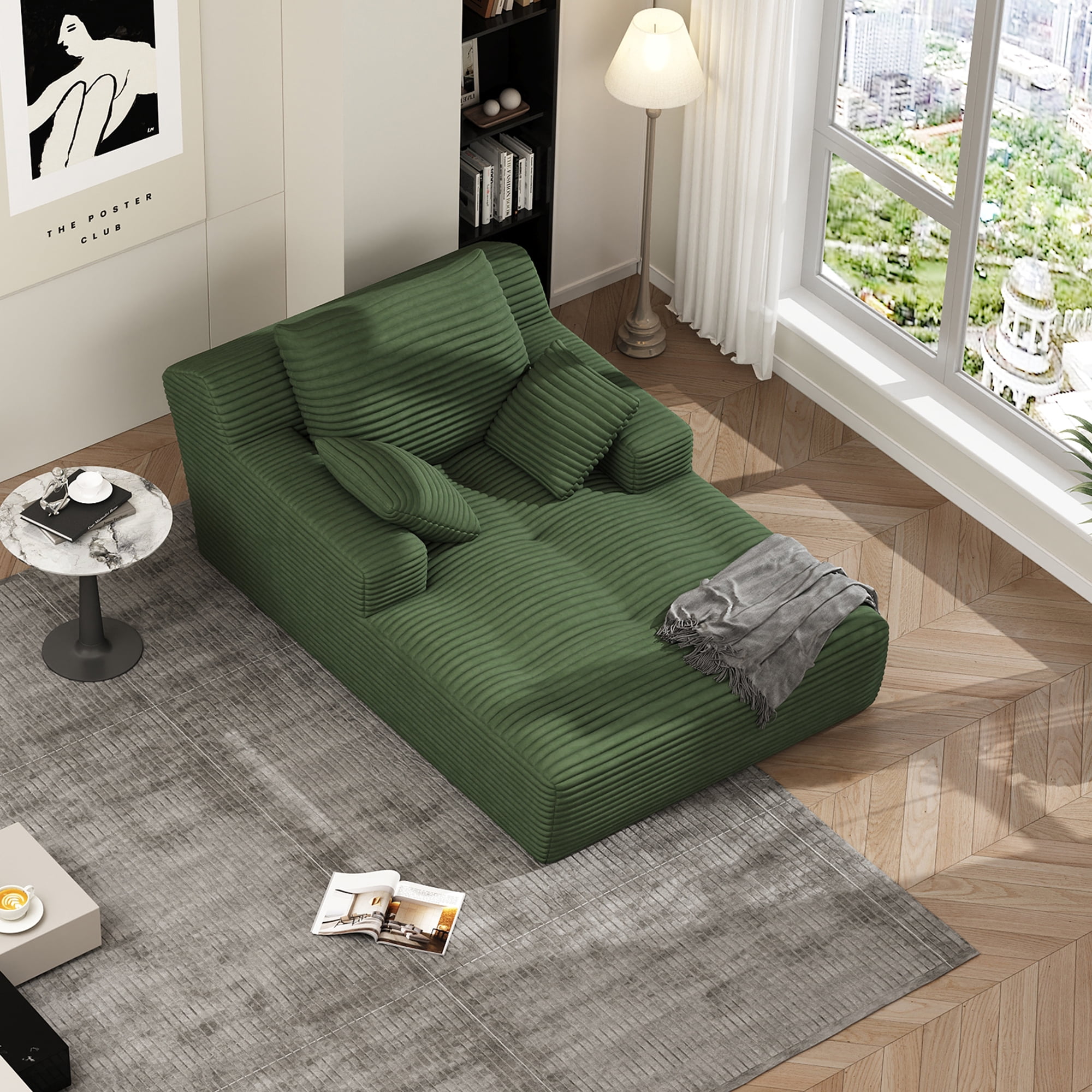67'' Oversized Chaise Lounge Chair Indoor, Cloud Plush Corduroy Upholstered Sofa Bed, Modern Deep Seat Sofa with Back Cushion, Pillows, Cozy Sleeper Couch for Living Room, No Assembly Required, Green