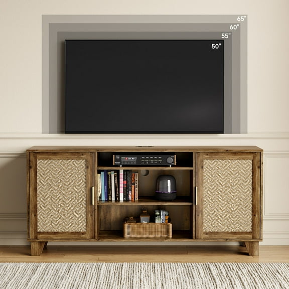 ONBRILL TV Stand with Rattan Door Boho TV Consoles Cabinet for 65 Inch TVs Brown