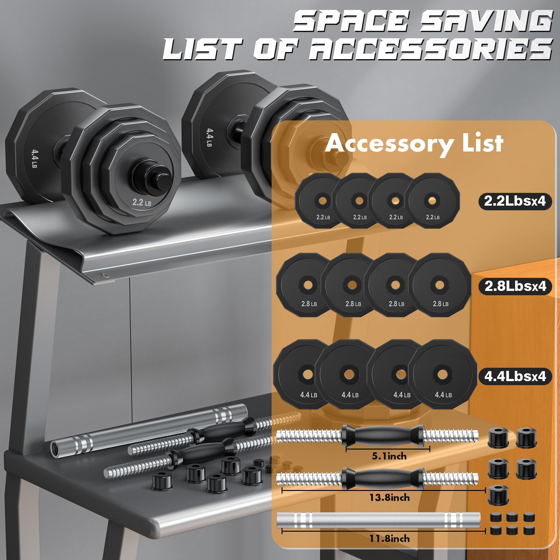 Weights Dumbbells Set  Adjustable Dumbbell Sets 22lbs 44lbs 66lbs 88lbs With Solid Steel Barbell Free Weight Connector Workout Home Gym Equipment For Men Women Strength Shaping