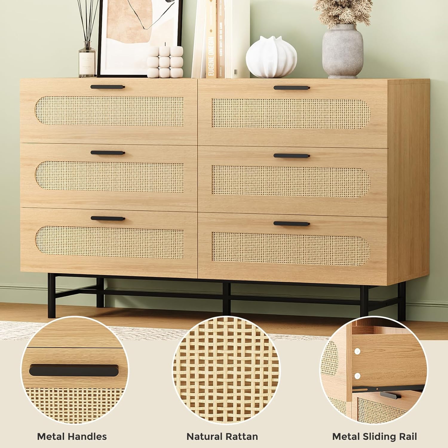 Dresser for Bedroom with 6 Drawers, Black Dresser with Golden Handles, Chest of Drawers,Modern Bedroom Furniture, Wood Dressers with Drawers for Closet Hallway, Living Room, Entryway