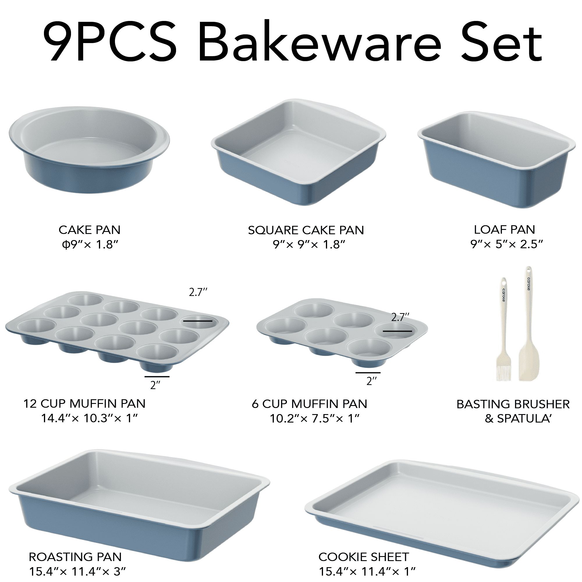 Carote 9 Pc Stackable Nonstick Bakeware Set, Includes Cookie Sheet, Muffin, Bread, Cake, Loaf & Roasting Pans, Gray & Blue