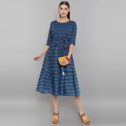 Janasya Round Neck 3/4 Sleeve Woven Design Blue Cotton Western Dress For Women,Summer Dress/Summer Wear