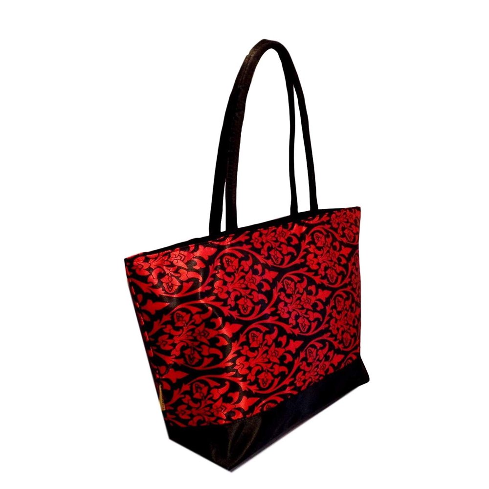 Custom Personalized Red Damask Print Canvas Shopping Tote Bag (Red Damask Black Trim