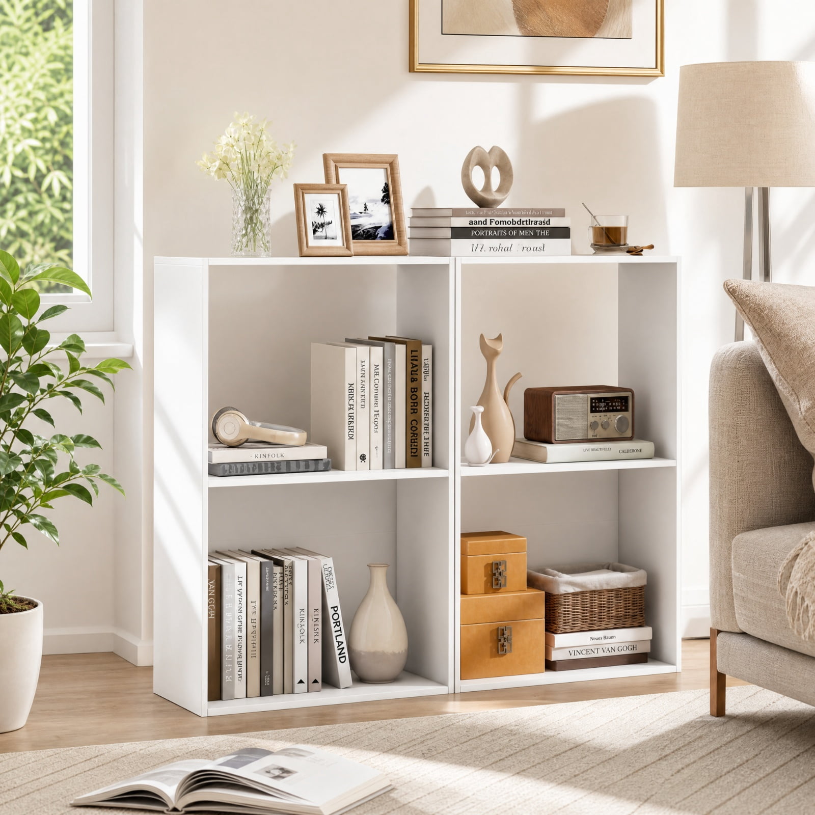 Furnibear Set of 2 3-Tier Freestanding Bookshelf with Open Storage Compartment and Display Shelf for Living Room and Study, White