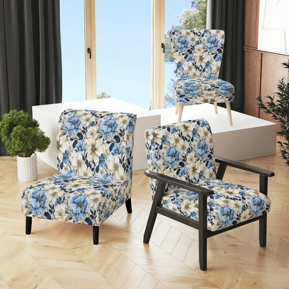 Designart "Serene Blue Oasis Florals I" Blue Floral Upholstered Accent Chair - Cottage Arm Chair For Living Room